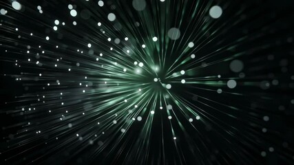 Poster - Abstract Green Burst: Light Rays and Glowing Particles Emerging from a Point, Forming an Energetic, Dynamic, Futuristic Background