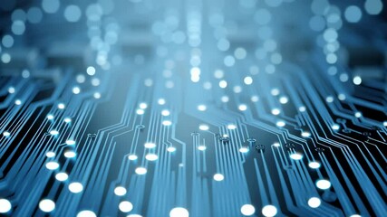 Poster - Abstract Electronic Circuit Board Close-Up with Light Blue Glow and Bokeh - High Tech, Artificial Intelligence Concept Background