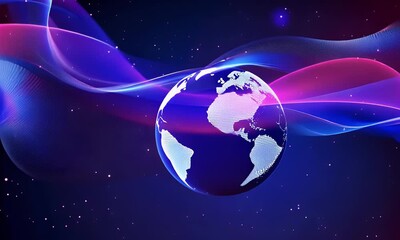 Poster - Abstract digital technology background with blue and purple colors, global network concept, cyber security system design vector illustration with circuit board elements.
