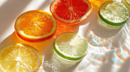 Poster - Bright Citrus Slices Arranged on a Glass Table Reflecting Light With a Clear Space Above