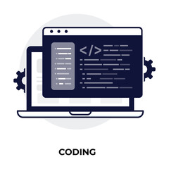 coding, code, programming, web development, developer, source code, HTML, software, laptop, screen, gear, coding icon, vector illustration, programming icon, development icon, application development,