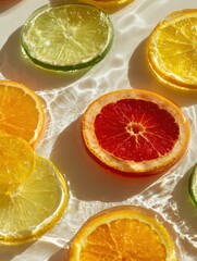 Poster - Bright Citrus Slices Creating a Colorful Arrangement on a Reflective Glass Table With Light Reflections and an Empty Upper Third for a Vibrant Visual Impact