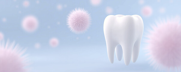 Poster - 3D illustration of a white tooth surrounded by pink bacteria on a soft blue background, highlighting dental health and hygiene concepts in a visually engaging manner