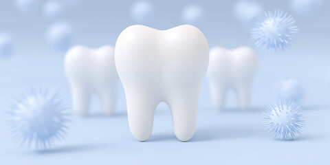 Poster - 3D illustration of a large white tooth surrounded by smaller teeth and abstract blue bacteria, symbolizing dental health and hygiene in a clean environment