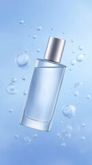 Poster - Transparent glass perfume bottle with silver cap, floating in a blue background filled with bubbles, showcasing elegance and freshness in a captivating design concept