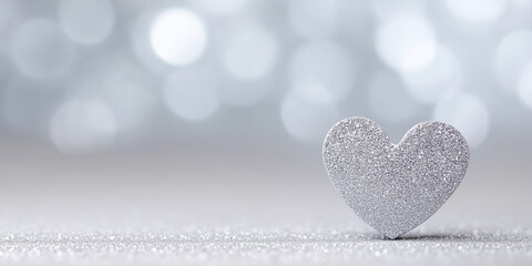 Poster - Silver glitter heart decoration stands on a soft surface, surrounded by a dreamy bokeh background, creating a romantic and festive atmosphere for celebrations and special occasions