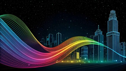 Aufkleber - A glowing cityscape silhouette with abstract rainbow waves against a starry night background art