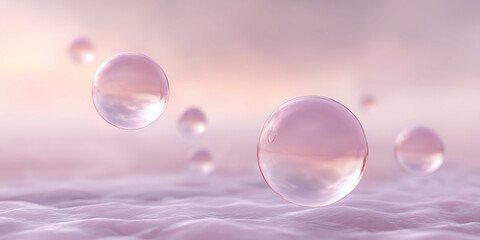 Poster - Soft pink bubbles float gracefully above a smooth, textured surface, creating a serene atmosphere that evokes feelings of calmness and tranquility in a dreamy environment