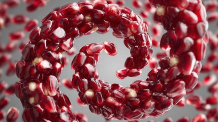 Poster - Bright Pomegranate Seeds Create an Abstract Spiral Design Against a Soft Background With Untouched Seeds Above