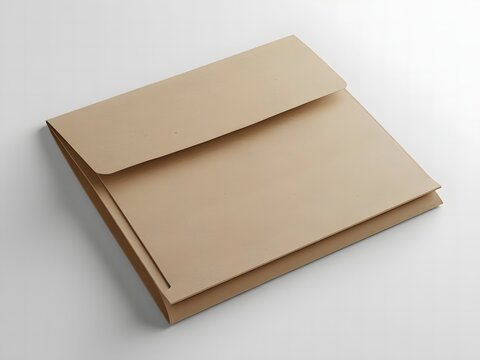 File folder mockup kraft paper material, closed and laid flat on white background, clean shadows and texture details