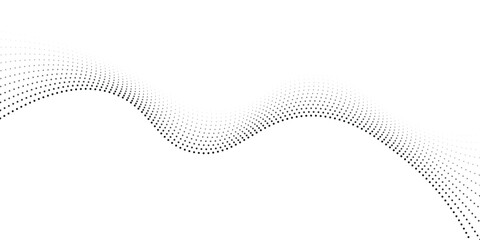 Poster - Flowing dots particles wave pattern halftone gradient curve shape isolated on white background. Vector in concept of technology, science, music, modern.