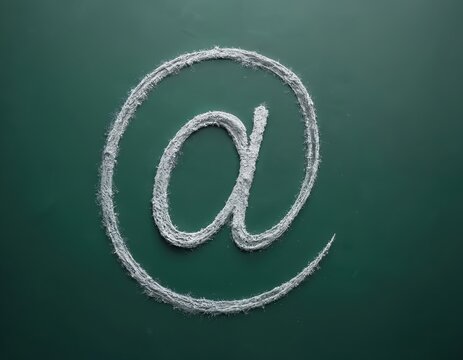 Cursive white chalk drawn a symbol on green chalkboard against white background. Simple, iconic design for email, communication, technology concept. Graphic, hand-drawn, blackboard illustration.