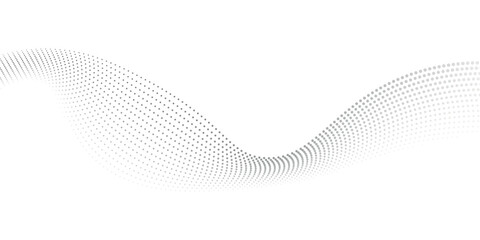 Poster - Flowing dots particles wave pattern halftone gradient curve shape isolated on white background. Vector in concept of technology, science, music, modern.