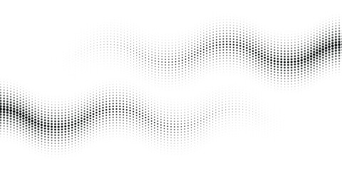 Poster - Black dotted wave line pattern. Halftone undulate net background. Abstract stipple particle flow wallpaper. Curved dashed gradient element for poser, banner, presentation, booklet, flyer. Vector