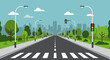 © meeblues - Adobe illustrator vector flat style illustration of a straight city road with multiple lanes, a crosswalk, functioning green traffic lights, streetlights, trees, and a distant urban skyline