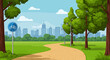 © meeblues - Adobe illustrator vector flat style illustration of a winding dirt path in a park, perfect for bicycle riding, with lush trees, lampposts, and a modern city skyline in the background