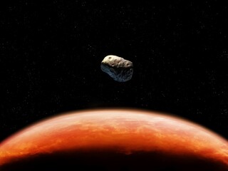 Wall Mural - asteroid in space above the red planet. cosmic stone near mars. space landscape. sci-fi background.