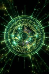 Poster - A glowing green circular structure with radiating lines against a dark background in a vertical shot