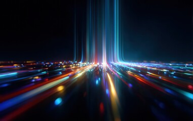 Leinwandbilder - Multicolor neon rays and glowing lines descend towards an abstract space