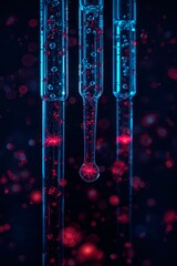 Poster - Three glass tubes filled with liquid and red particles against a dark blue blurred background