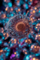 Poster - A microscopic view of a cell with a detailed structure and a colorful blurred background bokeh effect