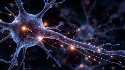 Poster - A detailed close up of a neuron cell with glowing connections and a dark blue and black background