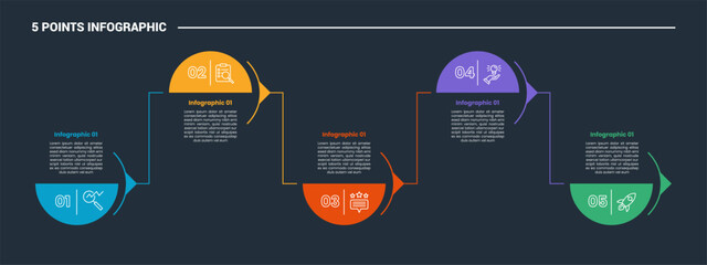 Aufkleber - 5 stage infographic process diagram with half circle and arrow line up and down with dark background bright outline style
