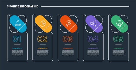 Aufkleber - 5 stage infographic process diagram with table box with capsule round on top as header with dark background bright outline style