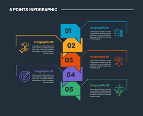 Aufkleber - 5 stage infographic process diagram with discussion box on vertical stacked line with opposite position with dark background bright outline style