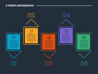 Aufkleber - 5 stage infographic process diagram with simple box with triangle arrow line up and down direction with dark background bright outline style