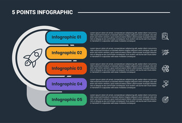 Aufkleber - 5 stage infographic process diagram with big circle and round rectangle header stacked vertical list with dark background bright outline style