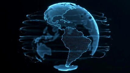 Poster - A digital blue earth globe spinning with horizontal lines on a dark black background view of america