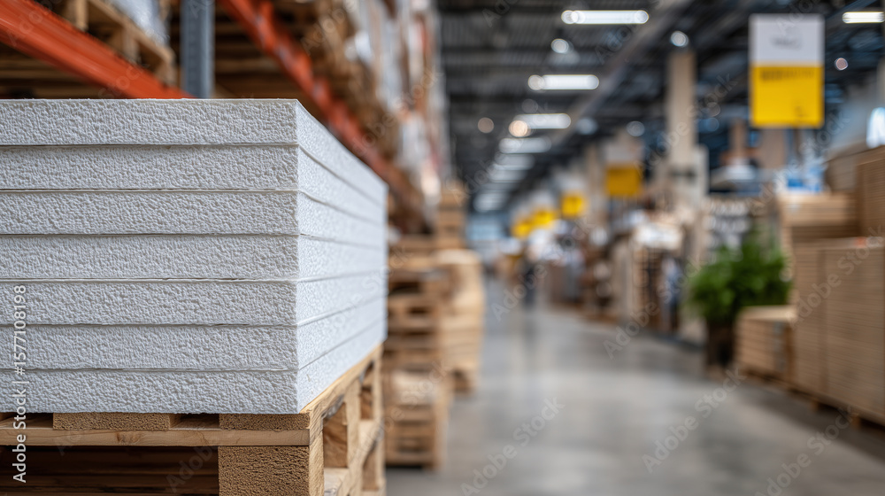 Rigid foam insulation boards with smooth edges, stacked in building ...
