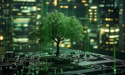 Fototapete - A tree growing on top of an electronic circuit board, with green lights in the background, 3D rendering.