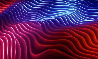 Poster - 
3D render of a digital background with glowing grid waves in red and blue colors. Abstract futuristic technology concept. Digital landscape. Background for design, 