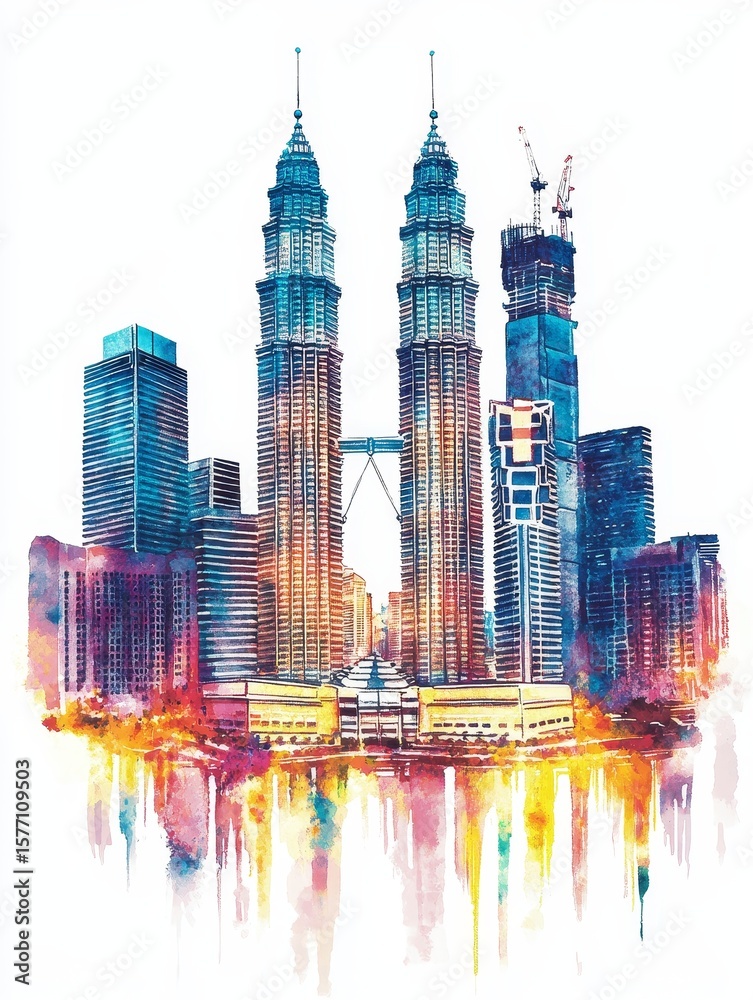 Kuala Lumpur Skyline Watercolor Painting - Vibrant watercolor