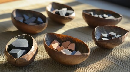 Poster - Artistic Arrangement of Stone-Like Shapes in Wooden Bowls