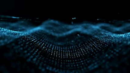 Fototapete - A digital landscape with undulating blue waves formed by small dots against a dark background