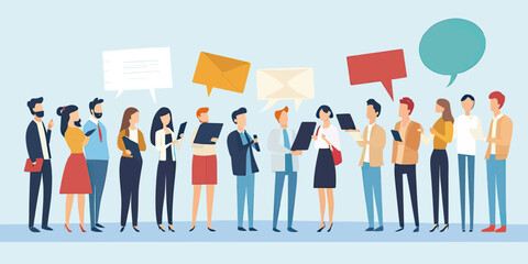 Poster - Group diverse business people communication discussion team collaboration exchanging ideas conversation speech bubbles flat vector illustration