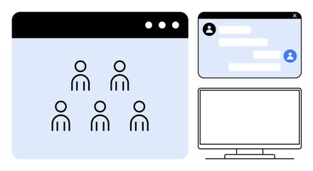 Poster - Group icon in a web browser, active chat messages in a popup window, and computer monitor. Ideal for teamwork, online networking, remote communication, messaging, community building, virtual