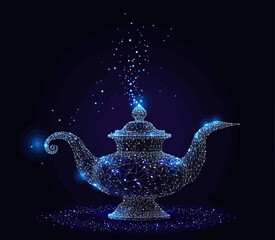 Poster - Polygonal digital magic lamp with glowing particles and starry cosmic light effects on dark background futuristic low poly vector design symbolizing fantasy and mystery concept