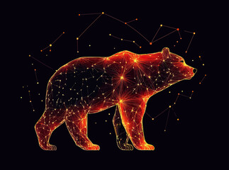 Poster - Abstract glowing digital bear silhouette with network lines and star constellation connections on dark background
