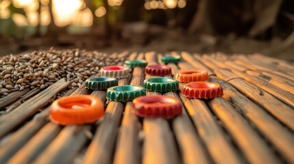 Poster - Colorful Bottle Caps and Grains on Wooden Surface at Sunset Glow