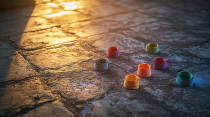 Poster - Colorful Caps on Rustic Stone Floor with Warm Sunlight Glimmering