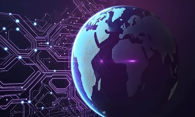 Fototapete - 
Abstract digital technology background with blue and purple colors, global network concept, cyber security system design vector illustration