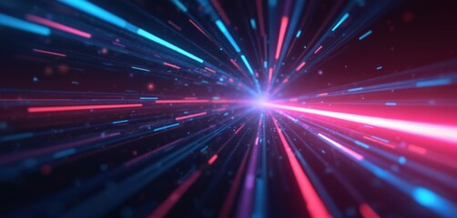 Poster - Futuristic gradient background with soft pink to dark blue transition. Offset layered effect, scattered red, blue dots for texture. Complex composition, digital art, 3D render.