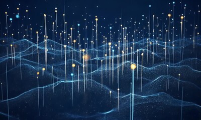 Poster - Abstract digital blue background with glowing dots and lines forming a landscape. Big data technology concept design
