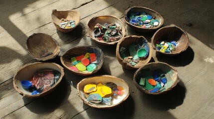 Poster - Colorful Circular Objects Arranged in Natural Bowls on Wooden Surface