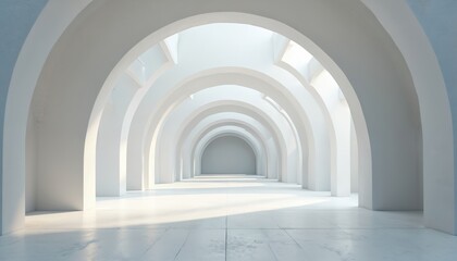 Poster - White architectural interior with grand arches, mosaic floor. Grandiose, imposing space with dynamic composition. Arches vary in size, creating depth. Clean lines, symmetry, natural light highlight