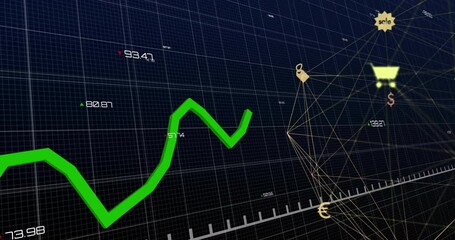 Poster - Neon-green trend line entering, dipping, turning sale icon to cart, raising euro, visualizing trend